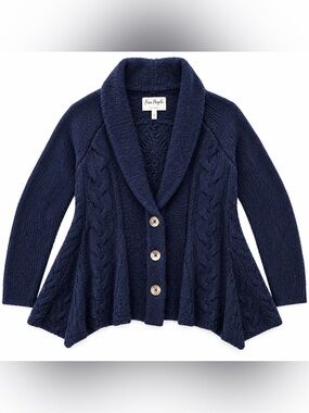 Free People Far Away Cardigan M Navy Blue Cable Knit Shawl Collar Sweater